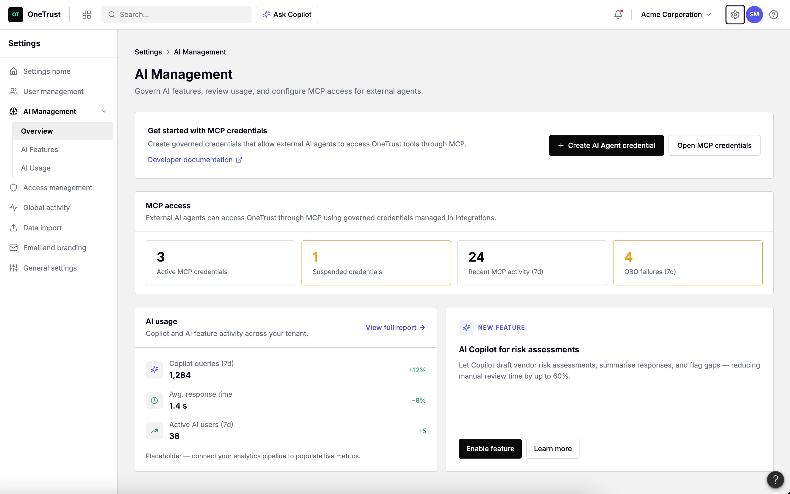 AI Management overview — MCP access stats, credential count, AI usage