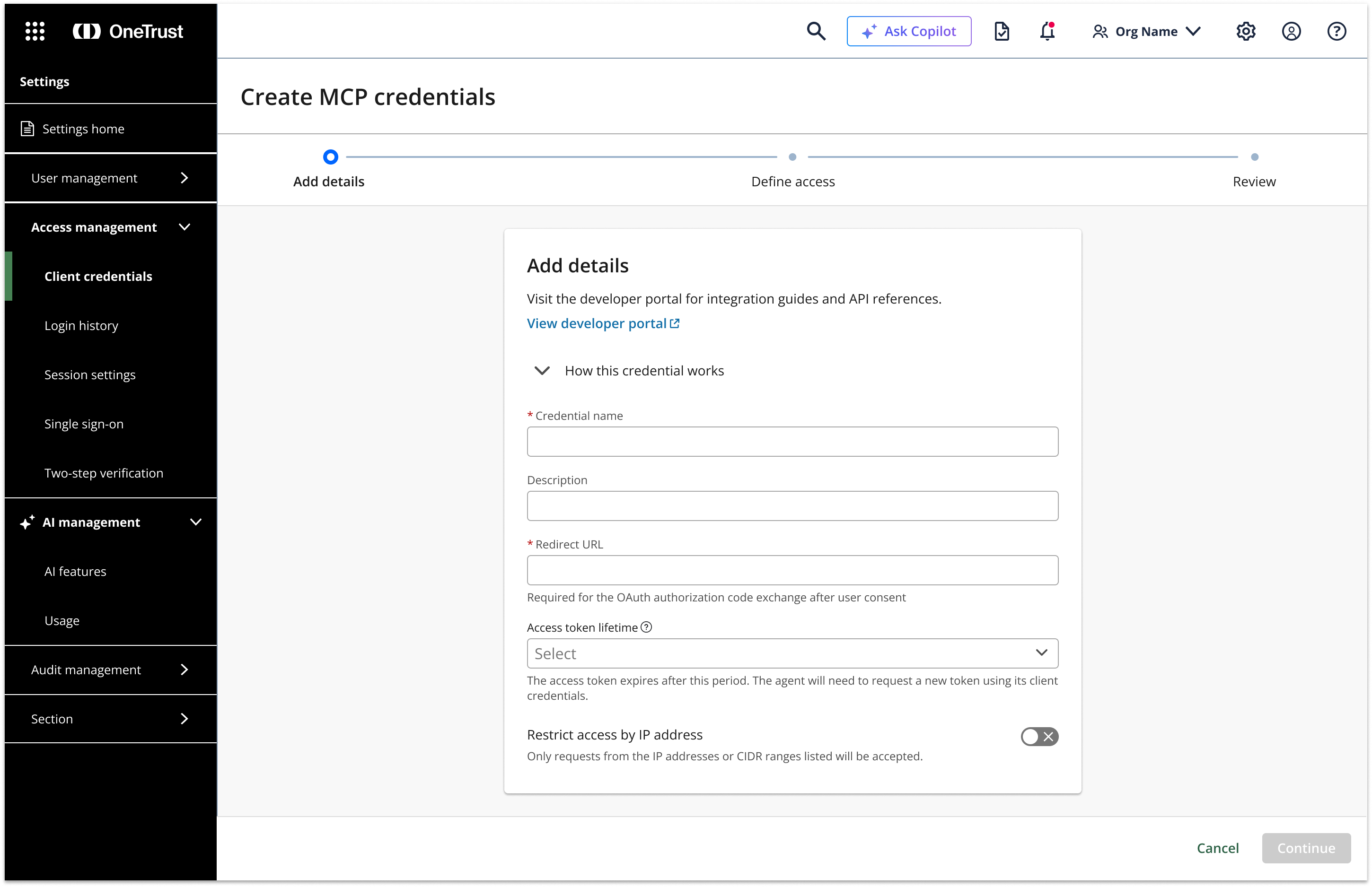 Create MCP credential — Add details form with credential name, redirect URL, token lifetime