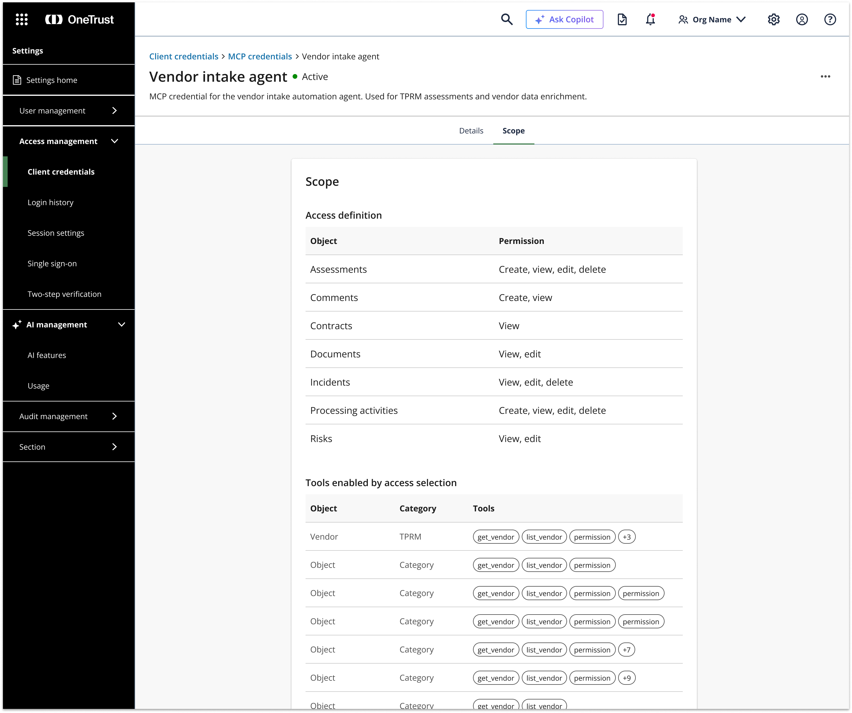 Vendor intake agent scope — access definition with tools enabled by selection