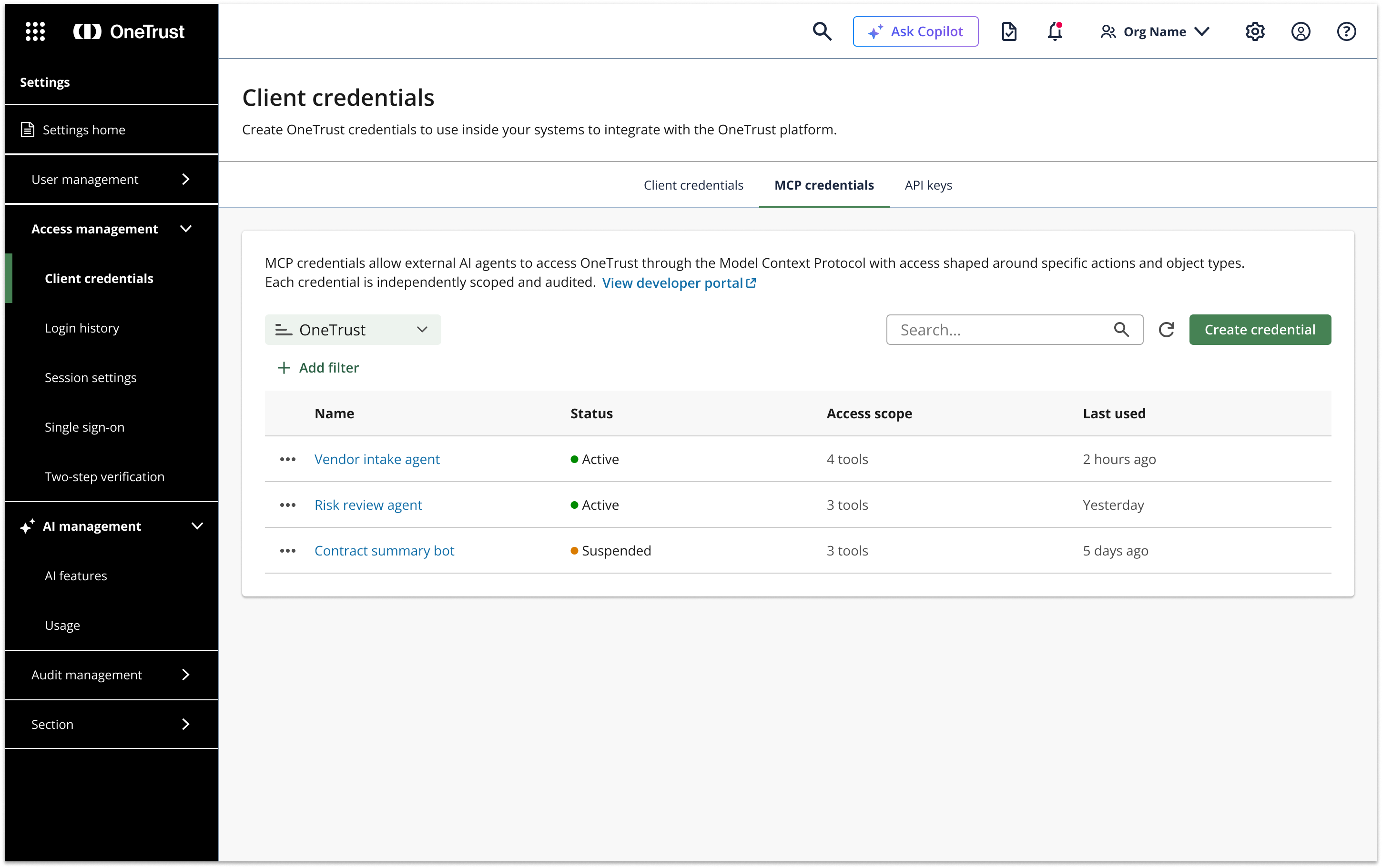 MCP credentials list — Vendor intake agent, Risk review agent, Contract summary bot