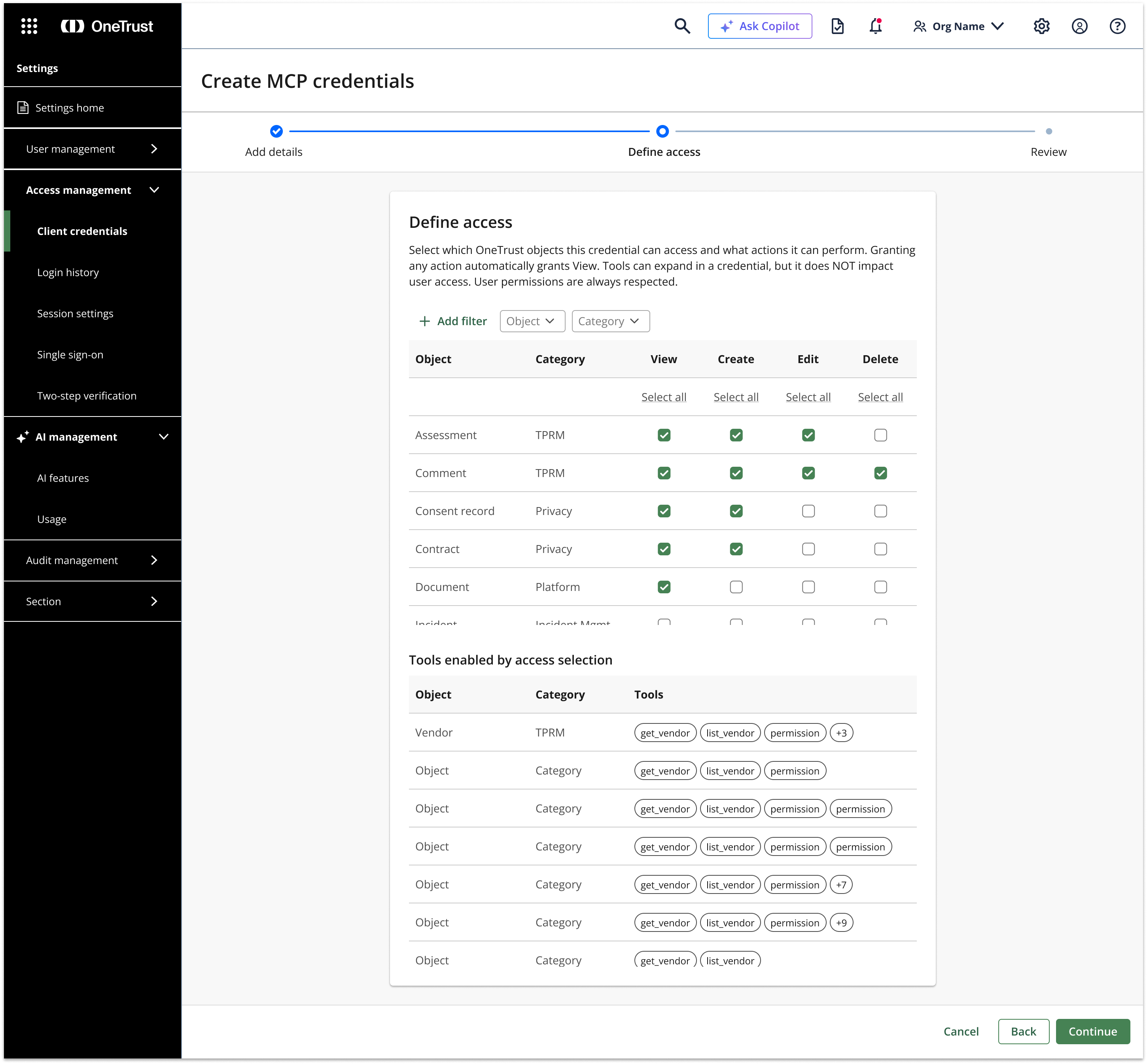 Define access — object permission matrix with TPRM, Privacy, Platform categories