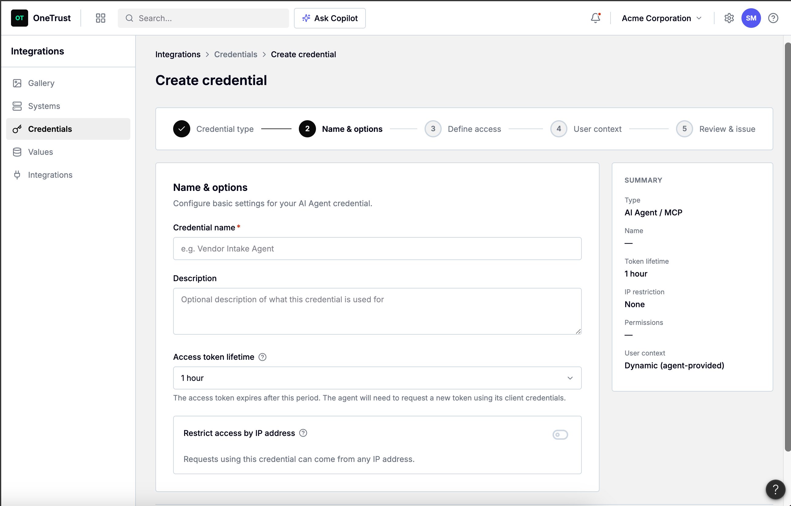 Create credential — Step 2 name and options