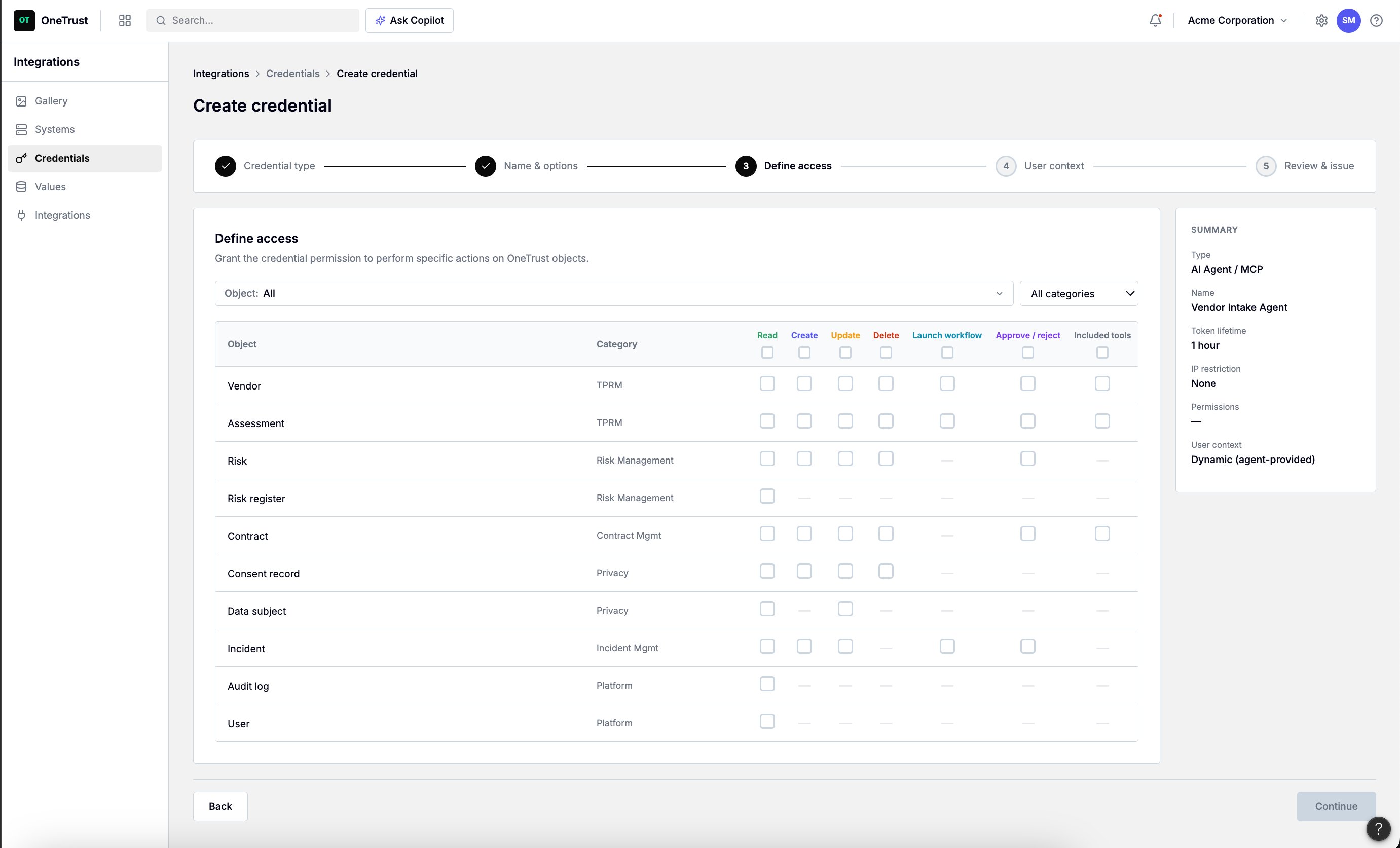 Create credential — Step 3 define access permissions matrix