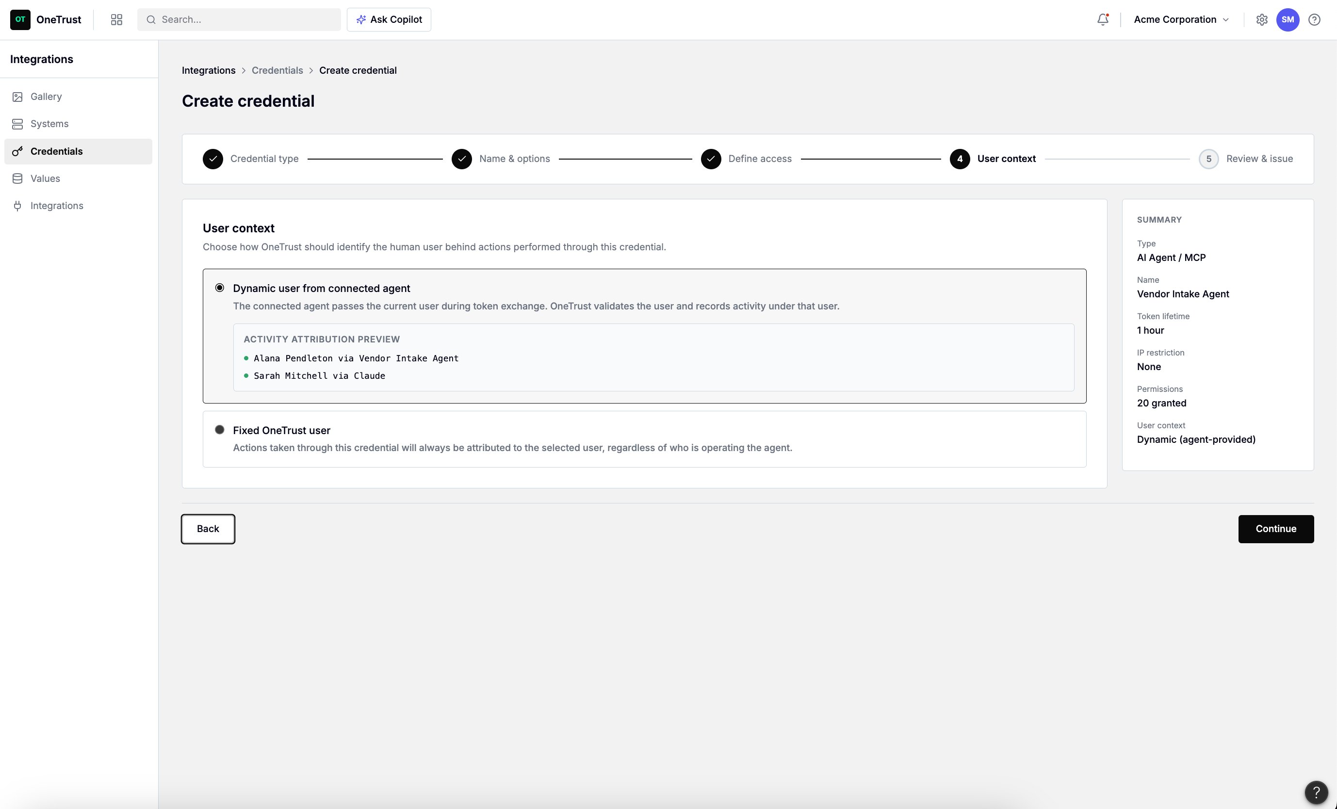 Create credential — Step 4 user context OBO binding