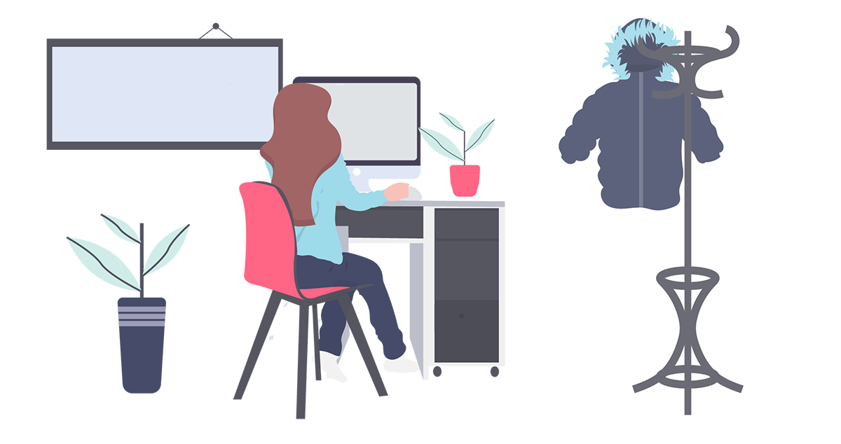 Graphic Illustration Depicting Man at Kiosk In-store and Woman at home Sitting at Desk with Desktop Computer