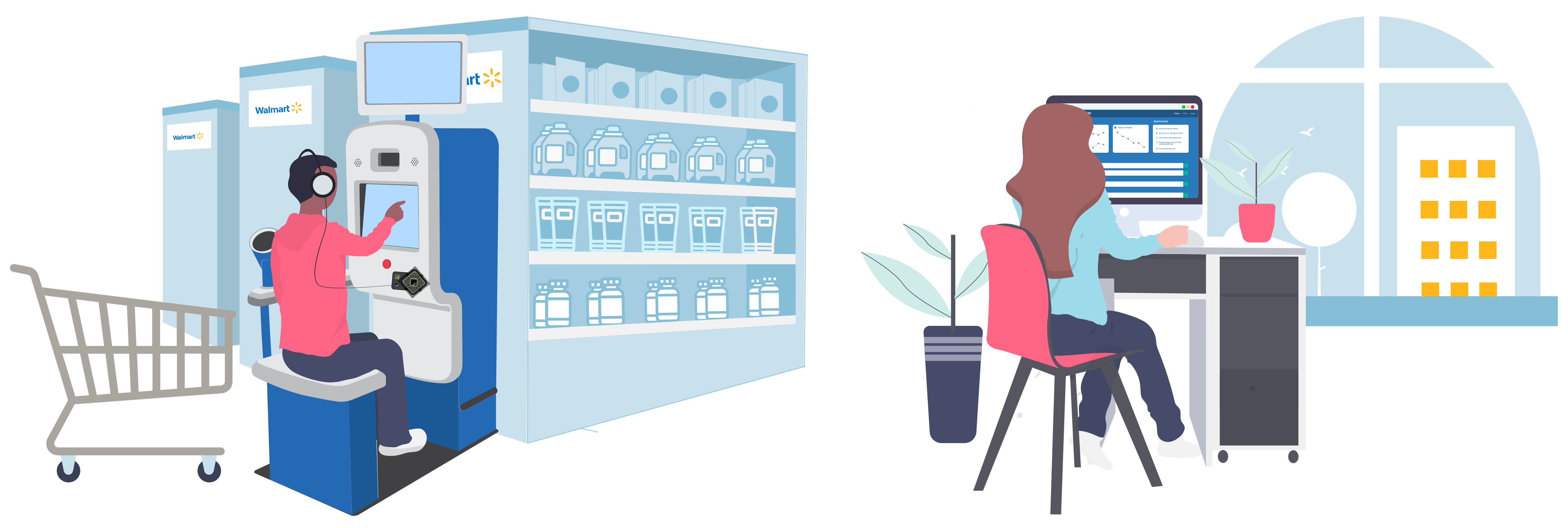 Graphic Illustration Depicting Man at Kiosk In-store and Woman at home Sitting at Desk with Desktop Computer