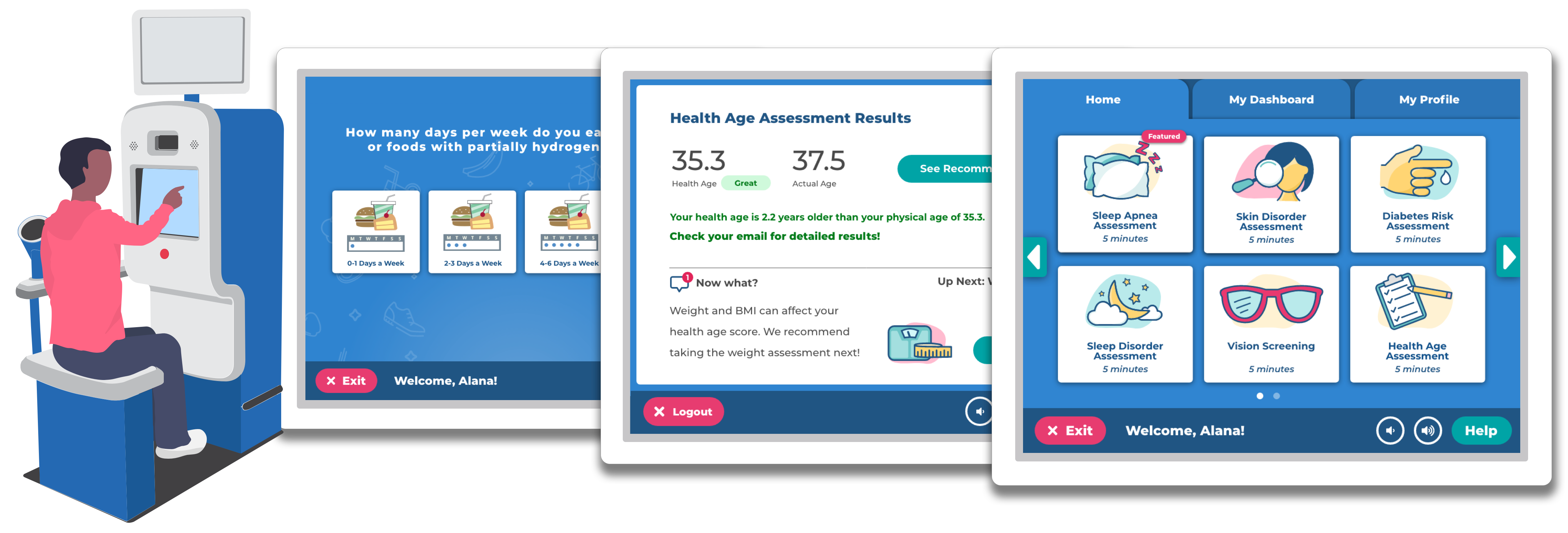 Health Age Assessment Displayed Next to Kiosk Illustration